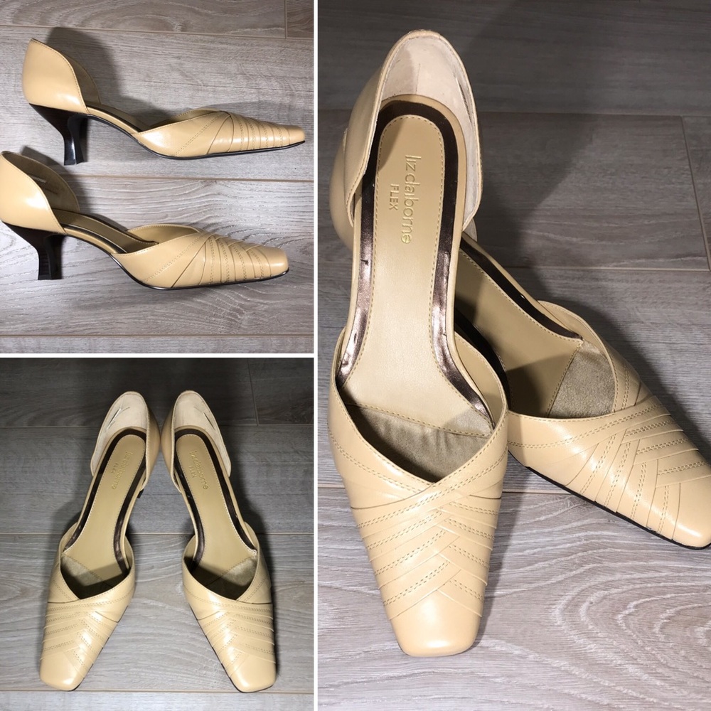 Pointy Toe Vintage Style Low Kitten Heel | Liz Claiborne | Flex Karlie Tan Heels